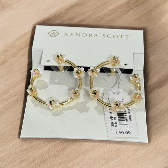 NWT! Kendra Scott Deliah Gold Open Frame Hoops in Iridescent White Mix - Picture 4 of 4